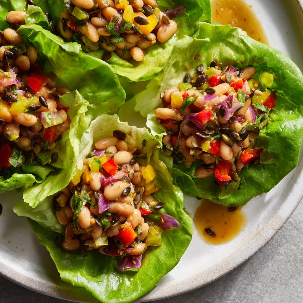 Gleaming white bowls filled with vibrantly green, full, and round lettuce cups. Atop the lettuce is a glossy, almost creamy mixture of white beans, colorful bell peppers, and red onions, punctuated by dots of blackened sunflower seeds. The dish is further accented with a drizzle of golden brown honey mustard vinaigrette, adding a glaze that reflects light.