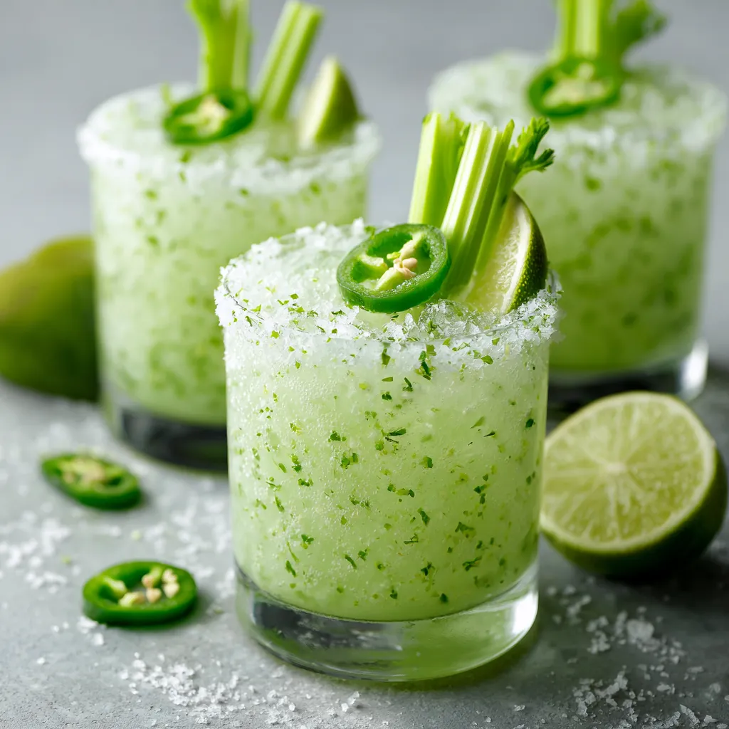 An icy, frothy greenish cocktail with vibrant, fresh celery stalk stirrers protruding from each glass. Visible flecks of jalapeno and lime zest give off a zesty appeal. The rim of each glass being salted gives a stark white contrast, and a thin slice of lime and a small jalapeno top sit on the rim for added pop.