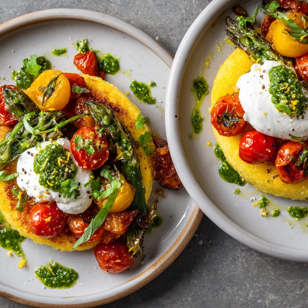 From above, two wide shallow plates each hold golden round polenta cakes topped with torn white burrata, glossy blistered red and yellow cherry tomatoes, ribbons of asparagus, and vivid green cilantro pistou swooshed artistically around. A shower of lemon zest, cracked pepper, and tiny cilantro leaves makes the dish pop against the warm golden tones.