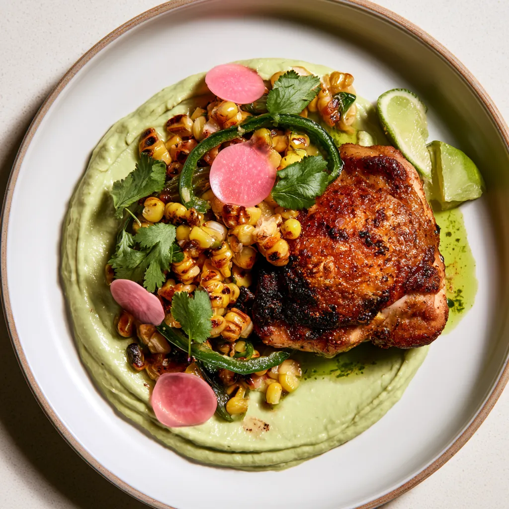 From above, golden-brown chicken thighs sit over swirls of pale green avocado crema, topped with glossy charred corn, poblano strips, pink radish coins, cilantro leaves, and a few lime wedges for a vibrant, modern farmhouse look.