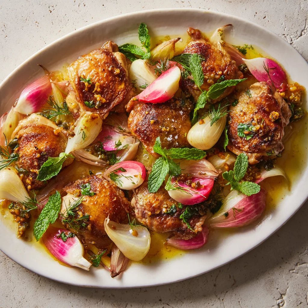 From above, a wide platter shows golden-brown chicken thighs nestled over blush roasted radishes and pale ribbons of fennel, dotted with emerald olives and mint leaves, all glistening with amber-orange vinaigrette and scattered with flaky sea salt.