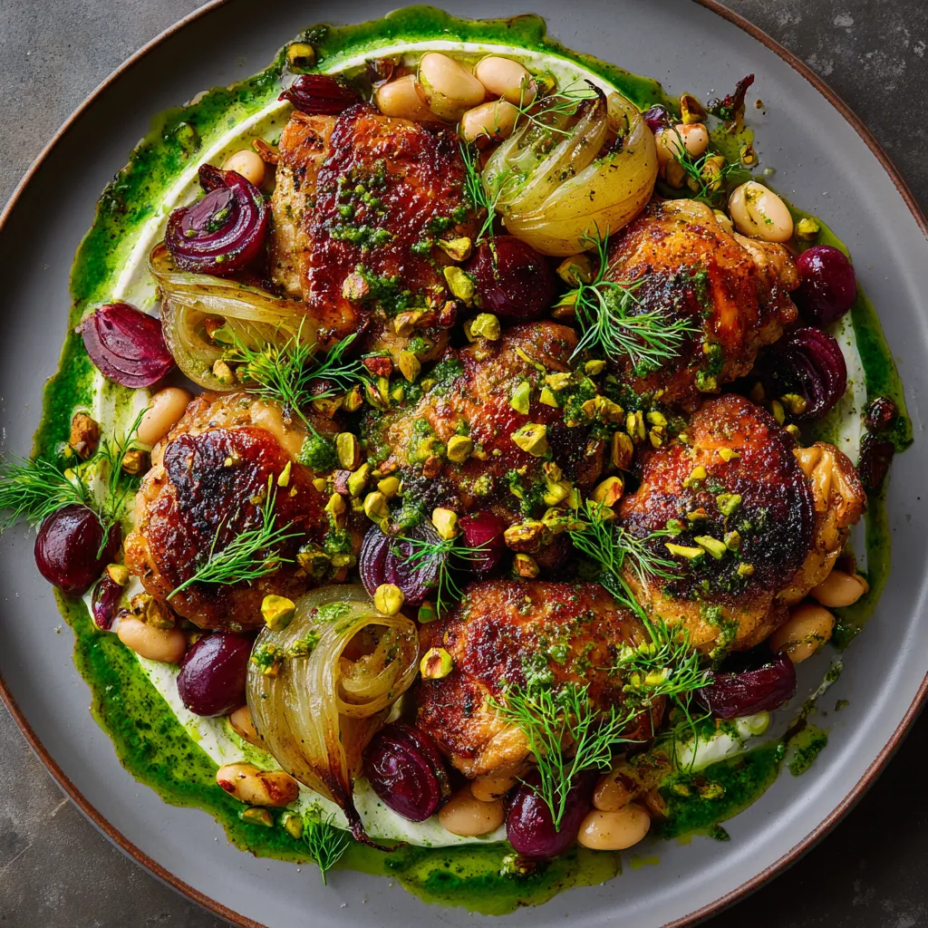 From above, a wide shallow platter shows golden crisp-skinned chicken thighs over a swirl of creamy white beans, surrounded by caramelized turnip wedges, blistered red grapes, and fennel ribbons. A vivid green pistachio-herb drizzle is spooned in loose arcs, finished with dill fronds, lemon zest, flaky salt, and scattered chopped pistachios for dramatic contrast.
