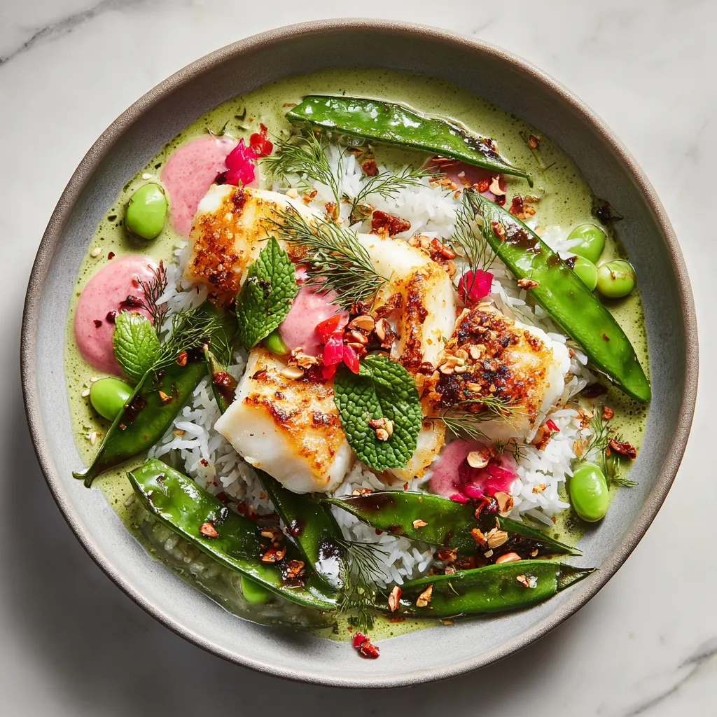From above, a shallow bowl shows a swoosh of pale green herb coconut rice topped with golden-seared halibut flakes, glossy charred snap peas, blush-pink rhubarb dressing spooned around, and a confetti of mint, dill, cilantro, sliced chili, and toasted sesame.