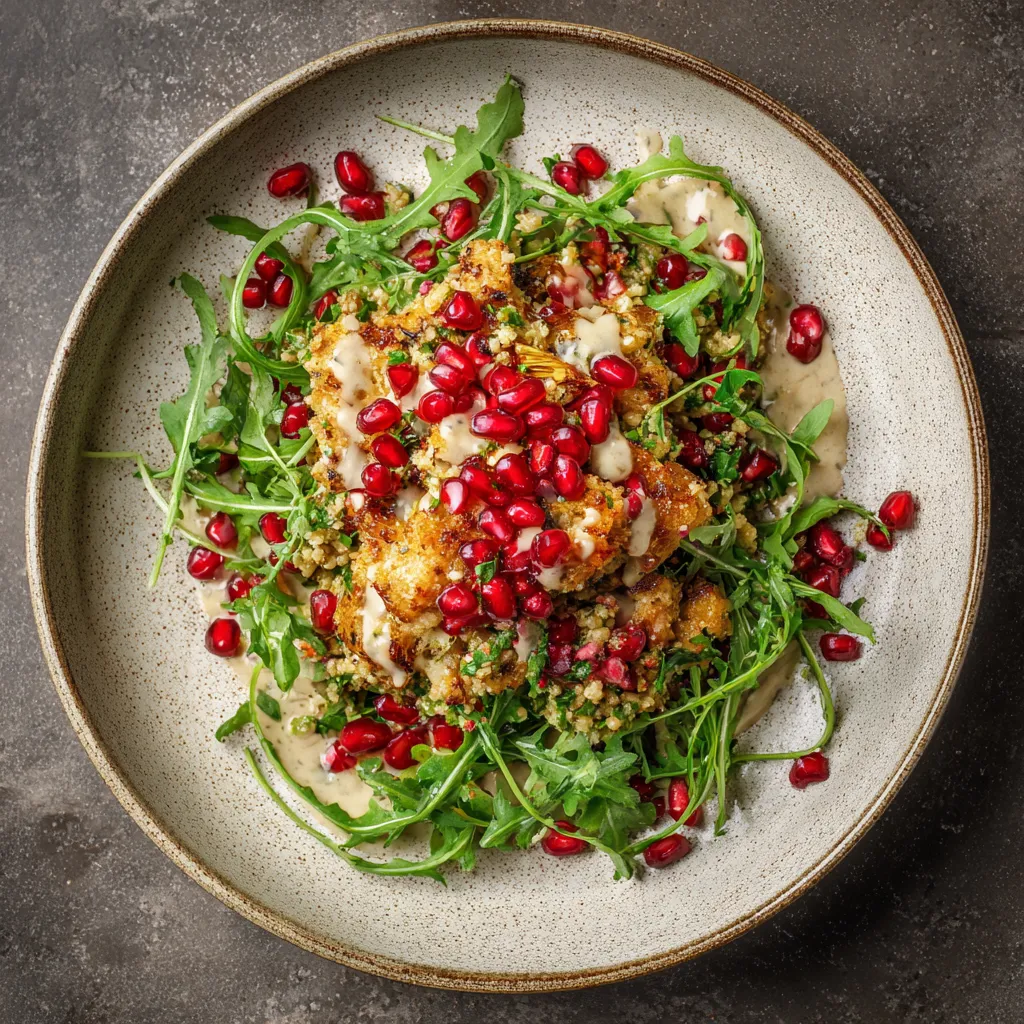 Glistening ruby-like pomegranate seeds scattered over a mound of chunky, golden-crisp leeks alongside verdant arugula leaves. All of this dressed in a creamy, nutty sauce, served on an artisanal ceramic plate for an appealing rustic look.