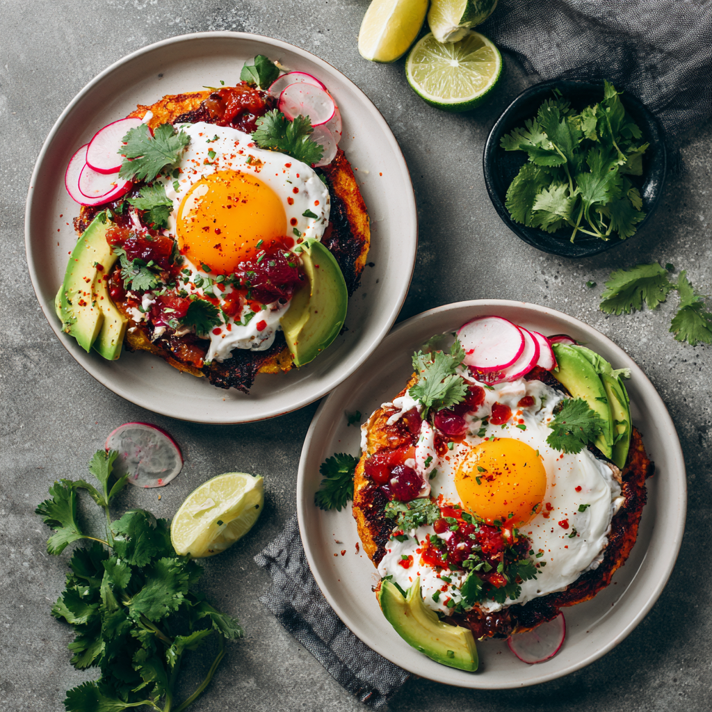 Crispy Masa Cakes with Charred Plum Salsa, Whipped Queso & Jammy Eggs