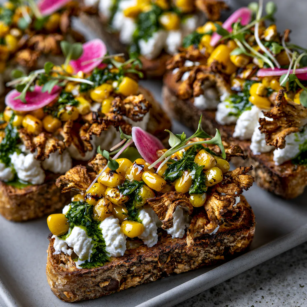 From above, a platter of four rustic toasts topped with ruffled golden-brown oyster mushrooms, snowy swooshes of whipped ricotta, glossy yellow corn kernels, deep green basil oil, pink radish slices, and scattered microgreens for a vibrant, high-contrast finish.