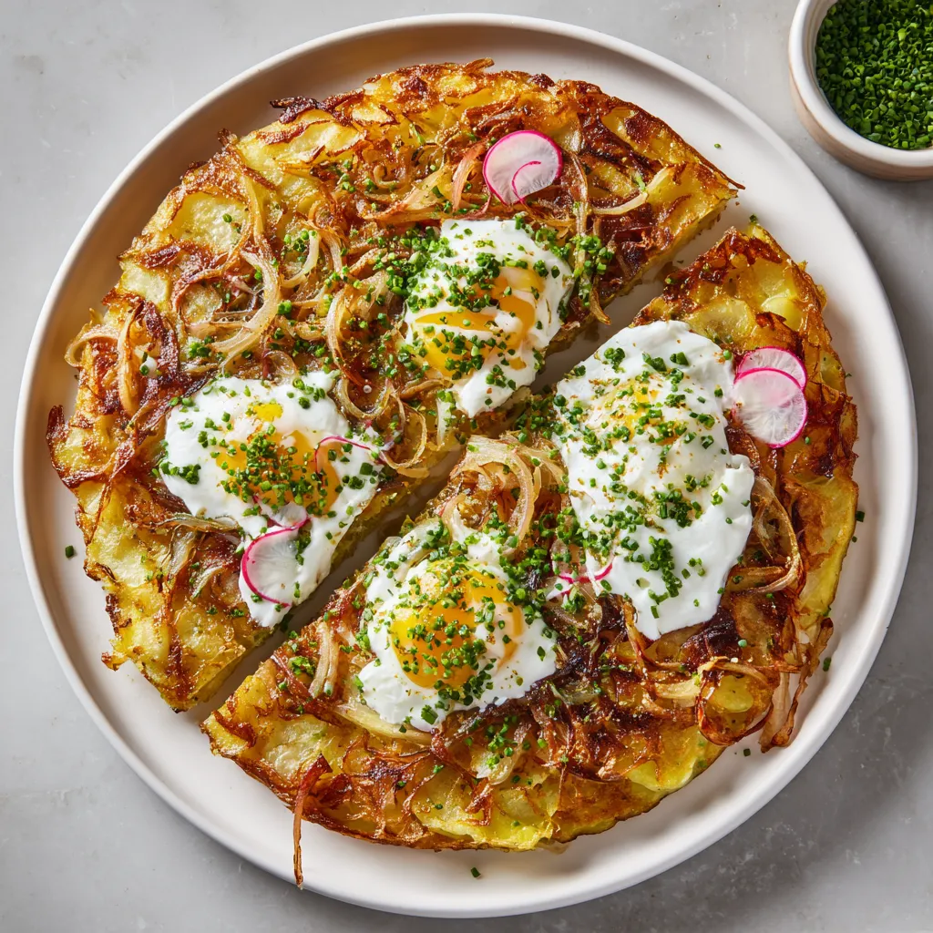 From above, a golden round of crisp-edged potatoes and softly set eggs sits on a wide platter, streaked with snowy manchego yogurt, tangled ribbons of glossy bronzed onions, dots of emerald herb oil, scattered chives, flaky salt, and a few pink radish slices for contrast.