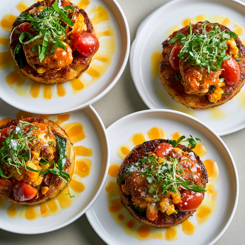 Crispy Potato Cakes with Warm Crab, Charred Corn & Saffron Tomato Butter