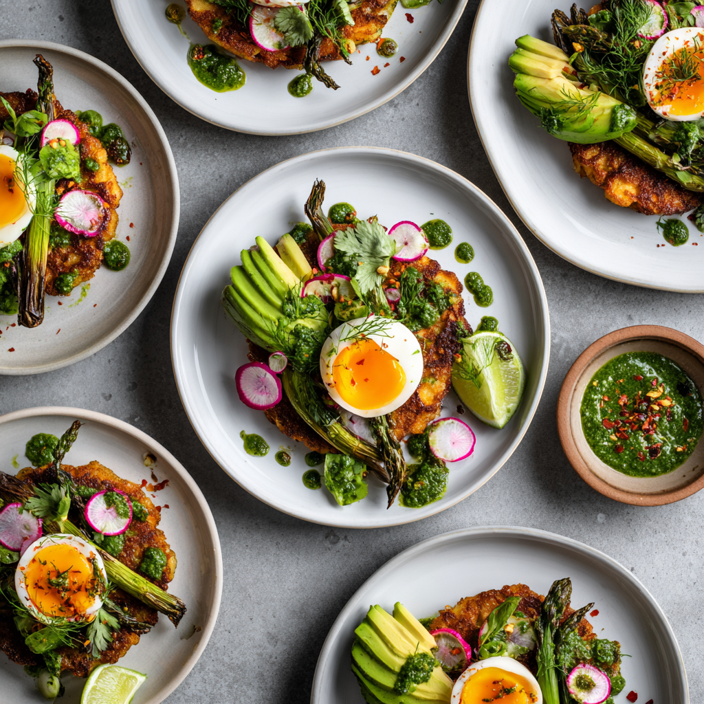 Crispy Potato Cakes with Charred Asparagus, Jammy Eggs & Parsley-Pepita Salsa Verde