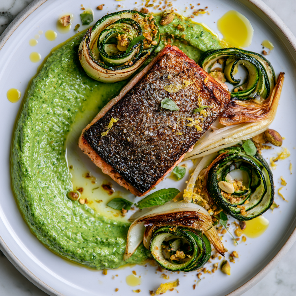 Crispy Salmon with Charred Zucchini, Roasted Fennel & Basil-Pistachio Crema