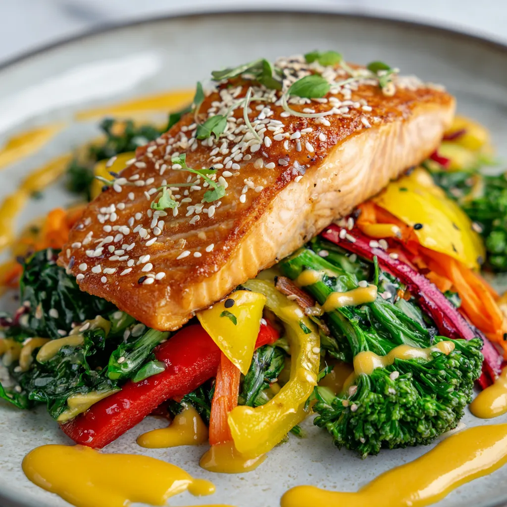 A vibrant platter bursting with colors, steamy salmon fillet that is golden brown on the outside and delicately flaky inside rests at the center. It sits atop a bed of bright, lightly sautéed seasonal veggies - yellows, greens, reds - that encircle the salmon. Drizzles of gingery dressing lend a glossy sheen to the dish, highlighting the textures and the freshness. A sprinkle of white sesame seeds brings a dynamic contrast and finishes the picture-perfect display.