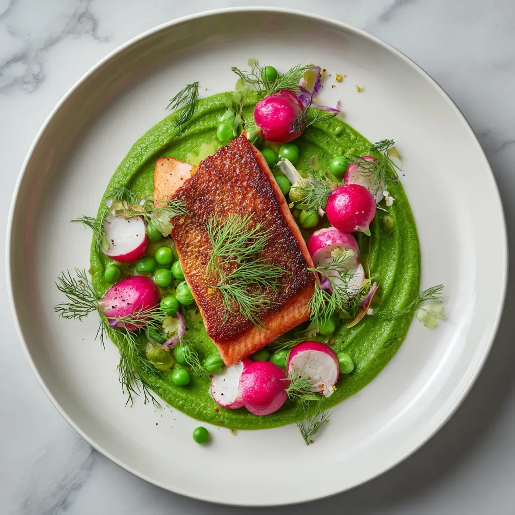 From above, a wide white plate shows a swoosh of vivid green purée topped with golden crisp-skinned salmon, surrounded by glossy pink-and-white radishes, scattered pea shoots, lemon zest, and tiny dill fronds, with a delicate ring of shimmering vinaigrette.