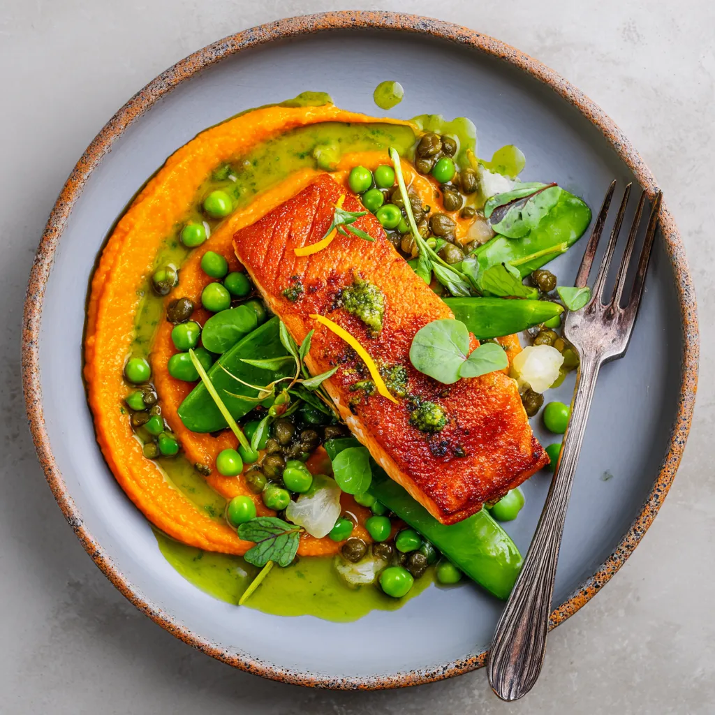 From above, a swoosh of vivid orange carrot purée anchors the plate, topped with a golden crisp-skinned salmon fillet. Bright green peas and watercress are scattered artfully around, with glossy capers, feathery tarragon leaves, and tiny shallot slices catching the light. A spooned ring of emerald-flecked vinaigrette and a few lemon zest strands make the dish look fresh, modern, and striking.
