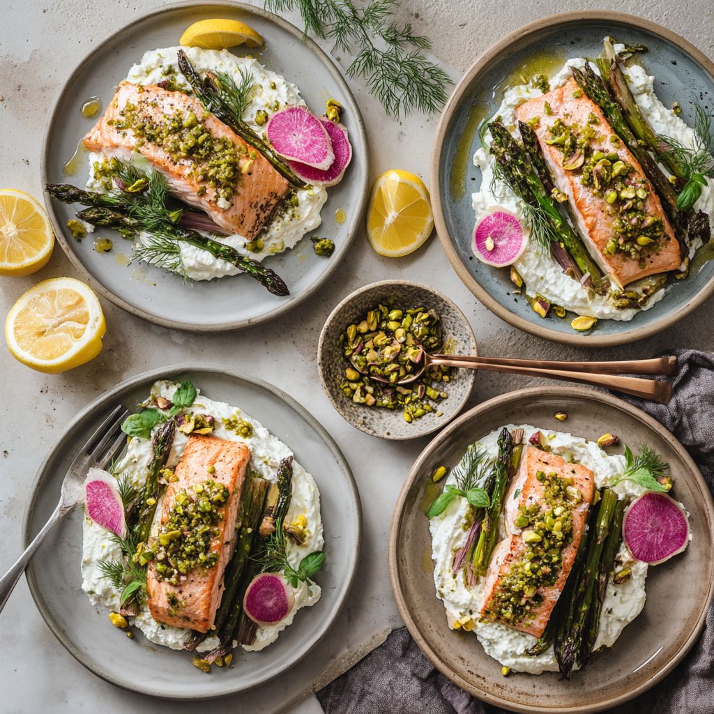 Crispy Salmon with Whipped Feta, Charred Asparagus & Pistachio-Mint Olive Relish