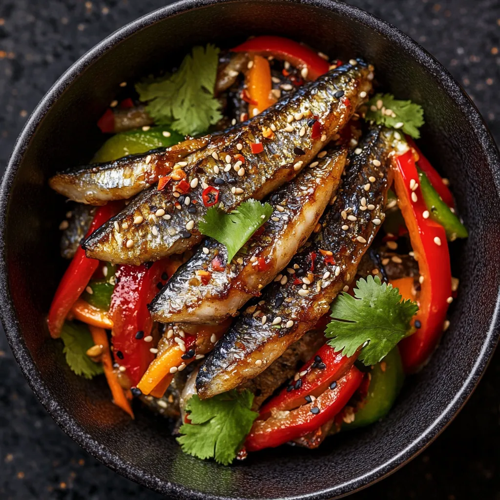 Vibrant stir-fried vegetables provide a stunning backdrop to crispy, golden-brown sardines with a slight glaze rest atop, complemented by a smattering of sesame seeds and flecks of thinly cut red chilies. The dish is served in a shallow black bowl and garnished with a sprig of fresh cilantro. The juxtaposition of colors makes for a vibrant, texturally exciting dish that begs to be photographed.