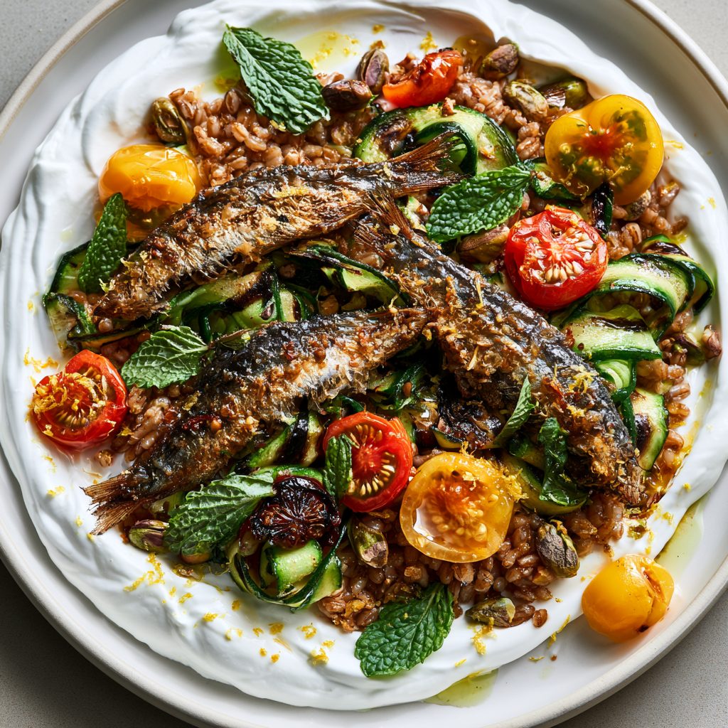 Crispy Sardines with Charred Zucchini, Lemon Farro & Whipped Ricotta