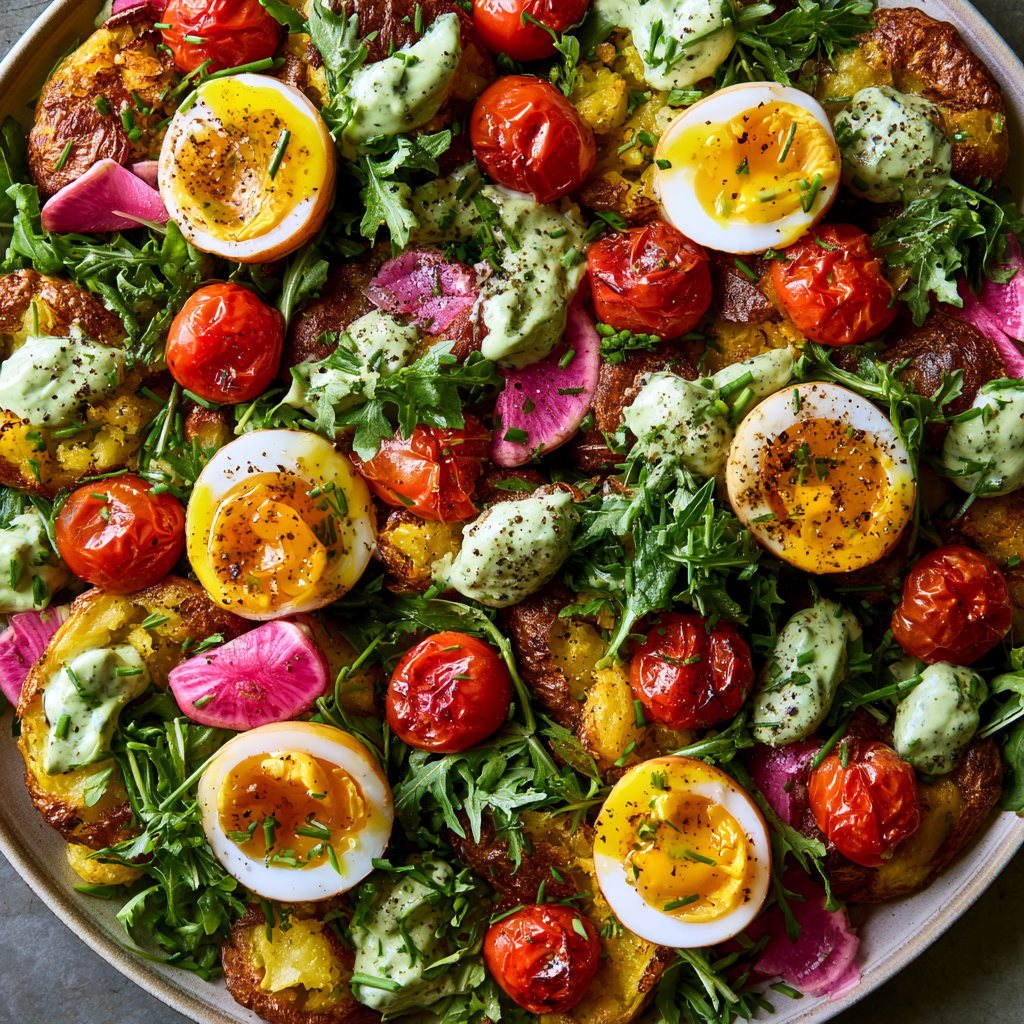 Crispy Smashed Potato Breakfast Salad with Jammy Eggs & Basil Yogurt