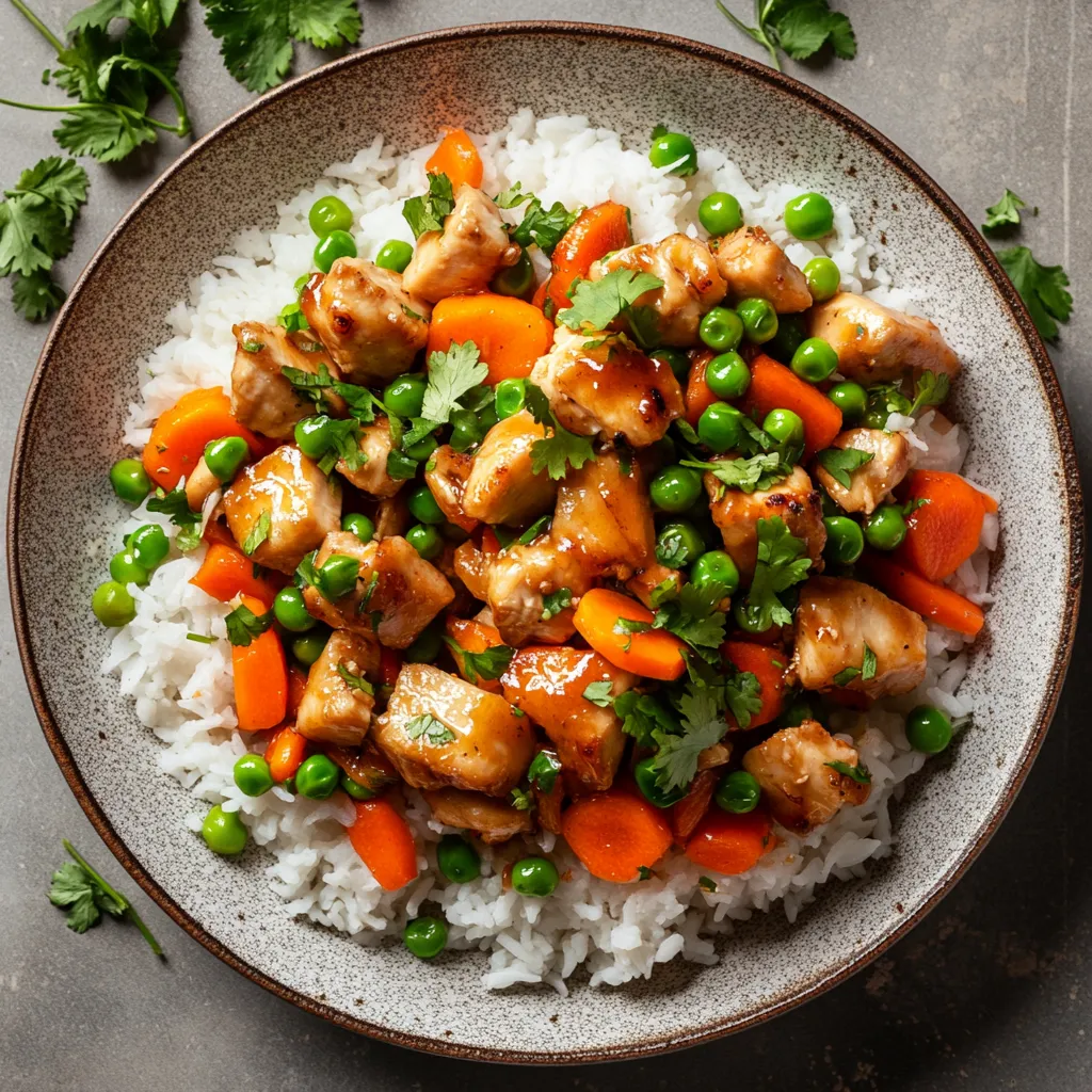 An enticing platter of colorful stir-fry. Plump sunchokes are beautifully seared to a crisp golden brown, intermingling with cubes of succulent chicken that reveals just the right amount of glossiness. A medley of julienne carrots and peas adds a vibrant herby green and bright carrot orange to the dish, and all served atop fluffy white rice, garnished with a hint of fresh cilantro.