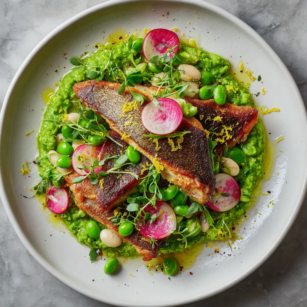 From above, a wide white plate holds a vivid swoosh of crushed green peas and white beans, topped with golden crisp-skinned trout fillets. Thin watermelon-radish rounds and pea shoots are scattered artfully over the fish, with lemon zest, chopped herbs, flaky salt, and a glistening drizzle of olive oil catching the light.