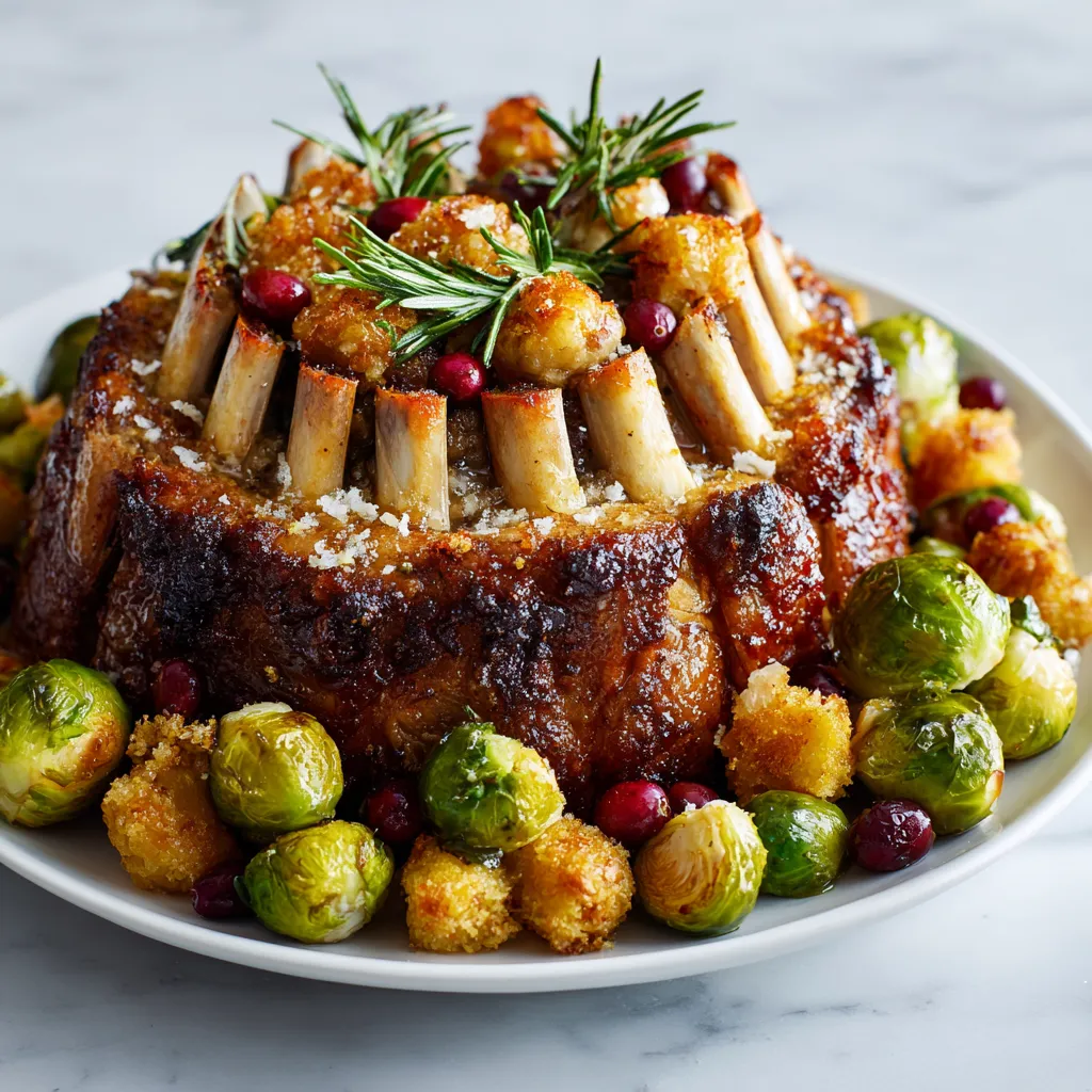 A stunning, circular crown roast of lamb stands at the center of a large white plate, its ribs glistening, stuffed with golden-brown Apple-Cranberry Stuffing. Around the crown, vibrant green brussels sprouts, glazed in honey, glisten like tiny baubles, while fresh sprigs of rosemary and cranberries scattered on top add festive pops of colour.
