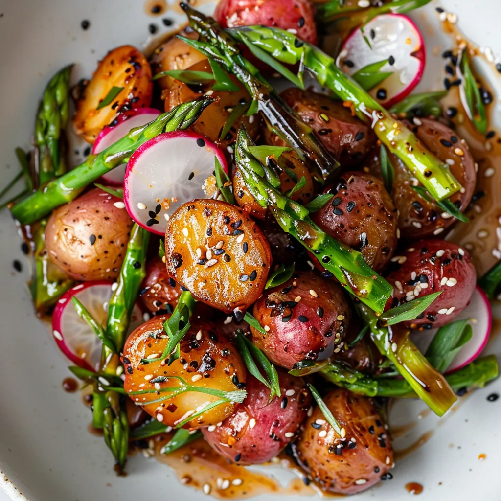 A visual feast of ruby-skinned new potatoes, with burnt-auburn miso glaze flecks, paired with fresh silhouette of thinly sliced radishes and asparagus, speckled with black and white sesame seeds. All nestled on a cool, white plate.