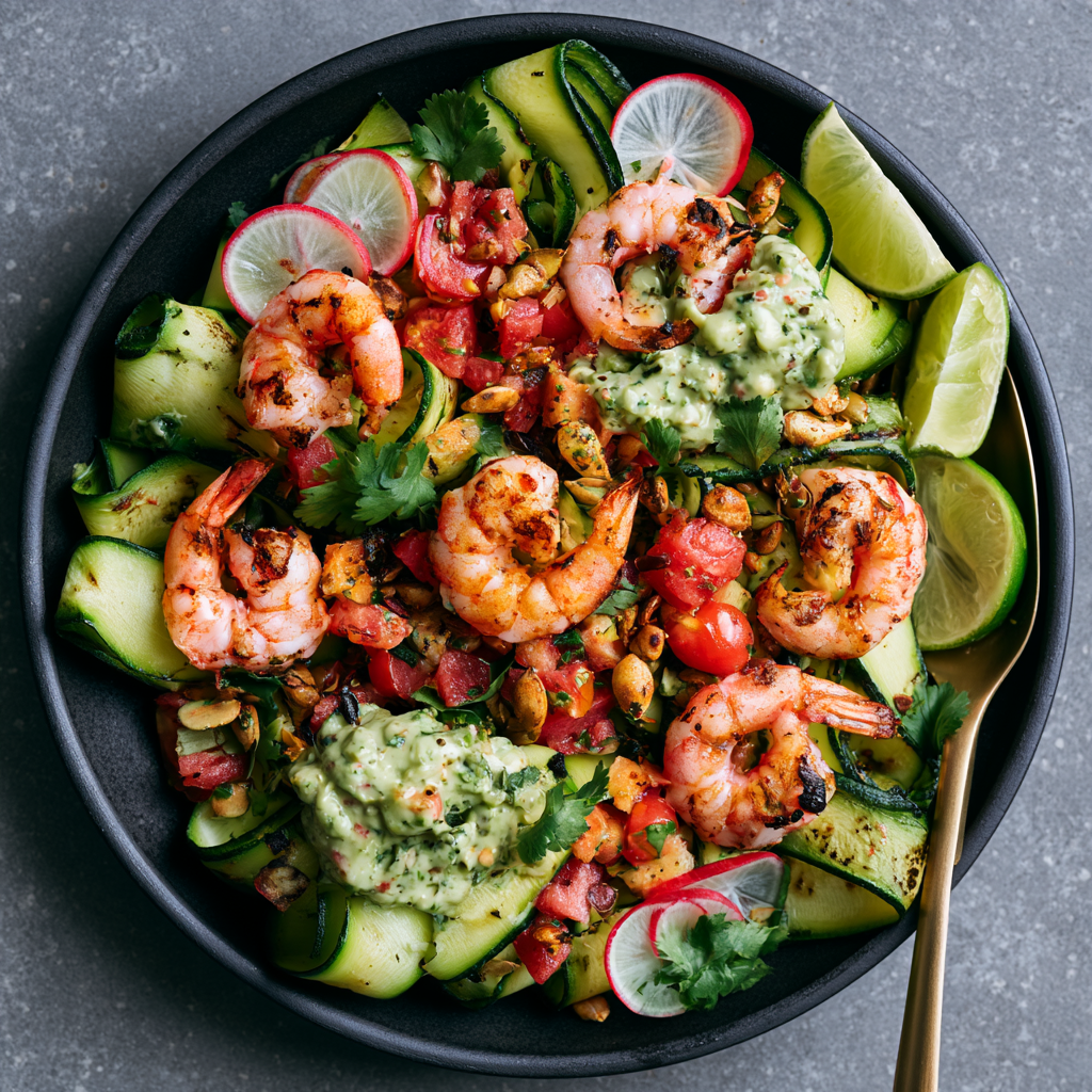 Cumin-Lime Shrimp with Charred Zucchini and Roasted Poblano Avocado Sauce