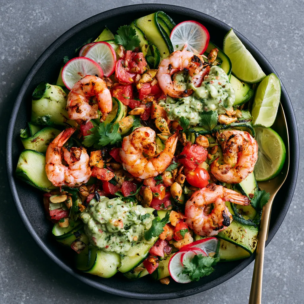 From above, wide ribbons of charred zucchini form loose emerald nests topped with pink curled shrimp, spoonfuls of pale green poblano-avocado sauce, scattered ruby cherry tomato pieces, thin watermelon-radish half-moons, cilantro leaves, toasted pumpkin seeds, and lime wedges along the rim.