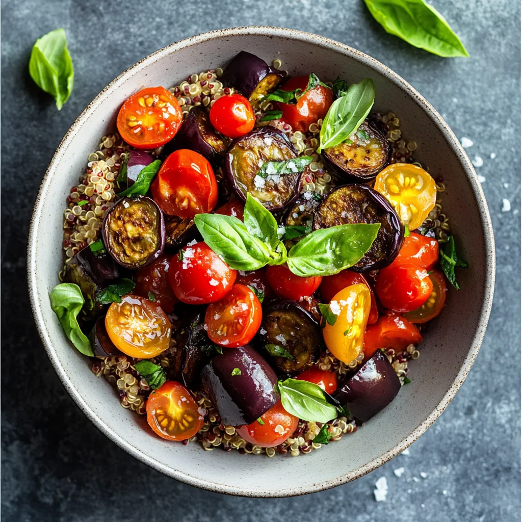 A bright and vibrant ensemble of deep purple roasted eggplant chunks, speckled quinoa grains and halved fresh cherry tomatoes marinated in a glossy, garlic-infused olive oil, all dotted with wilted, rich green basil leaves. It's a captivating color palette of purple, green, and red, finalized with a sprinkle of flaked sea salt.