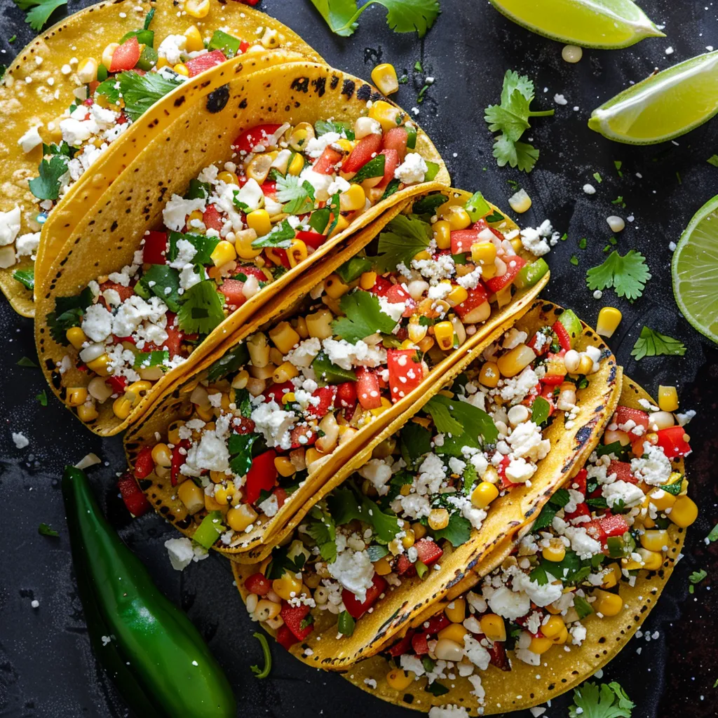 A vibrant masterpiece busting with dynamic colors. Emerald green poblano pepper takes center stage, stuffed with sizzling red peppers and corn. Flecks of crumbled almond feta top off the filling, adding a hint of creamy white. All of this dazzling array is nestled in bright yellow corn tortillas, with vibrant lime wedges and fresh cilantro on the side.
