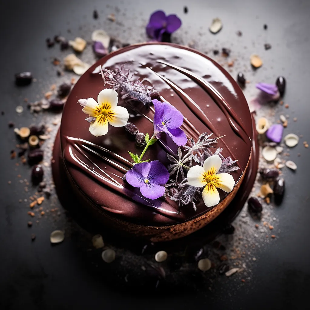 A round chocolate torte topped with glossy ganache, adorned with edible flowers.