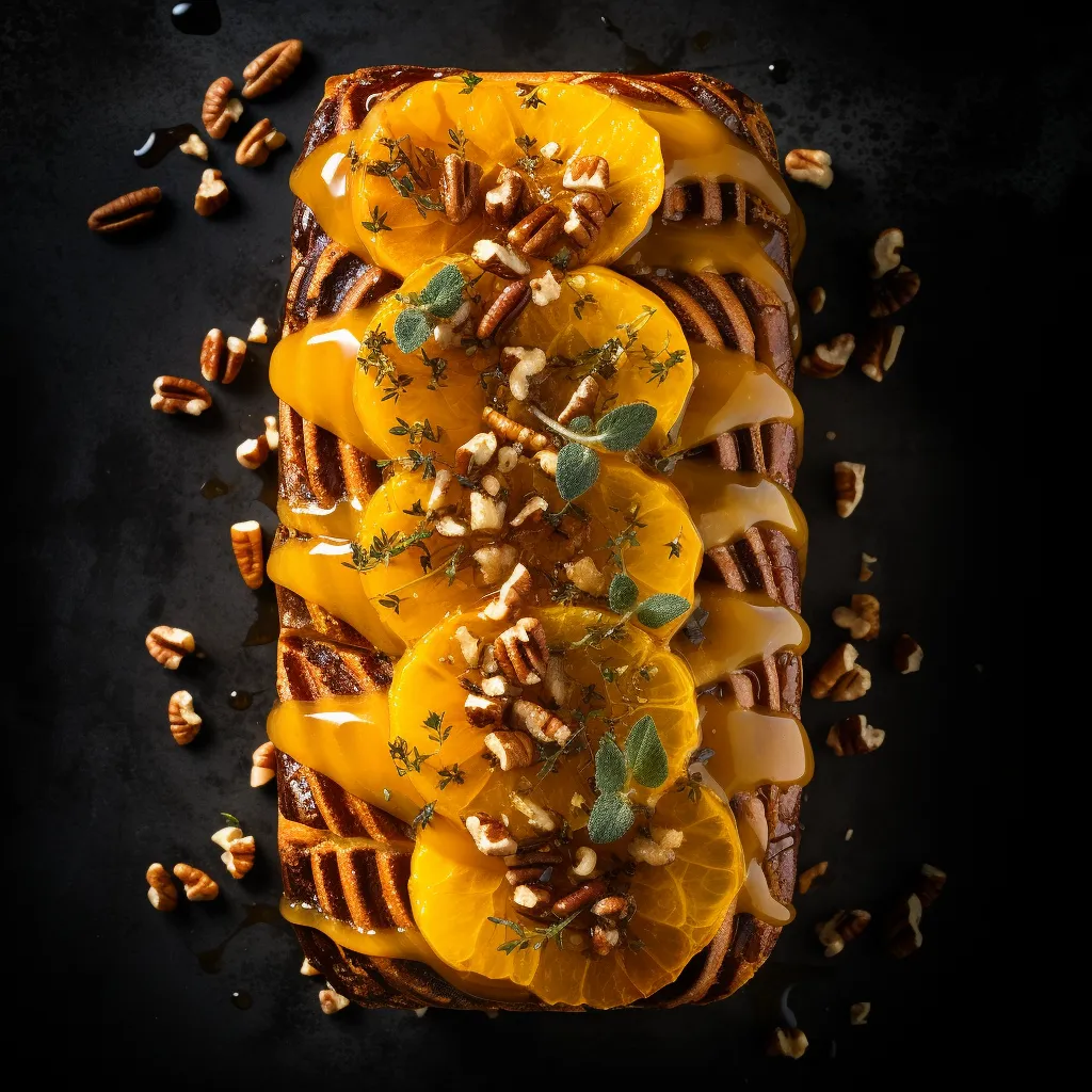 A bronzed, glossy loaf adorned with thinly sliced delicata squash, creating a crown pattern on top. The crumb reveals vibrant specks of orange squash and contrasting dark pecans.