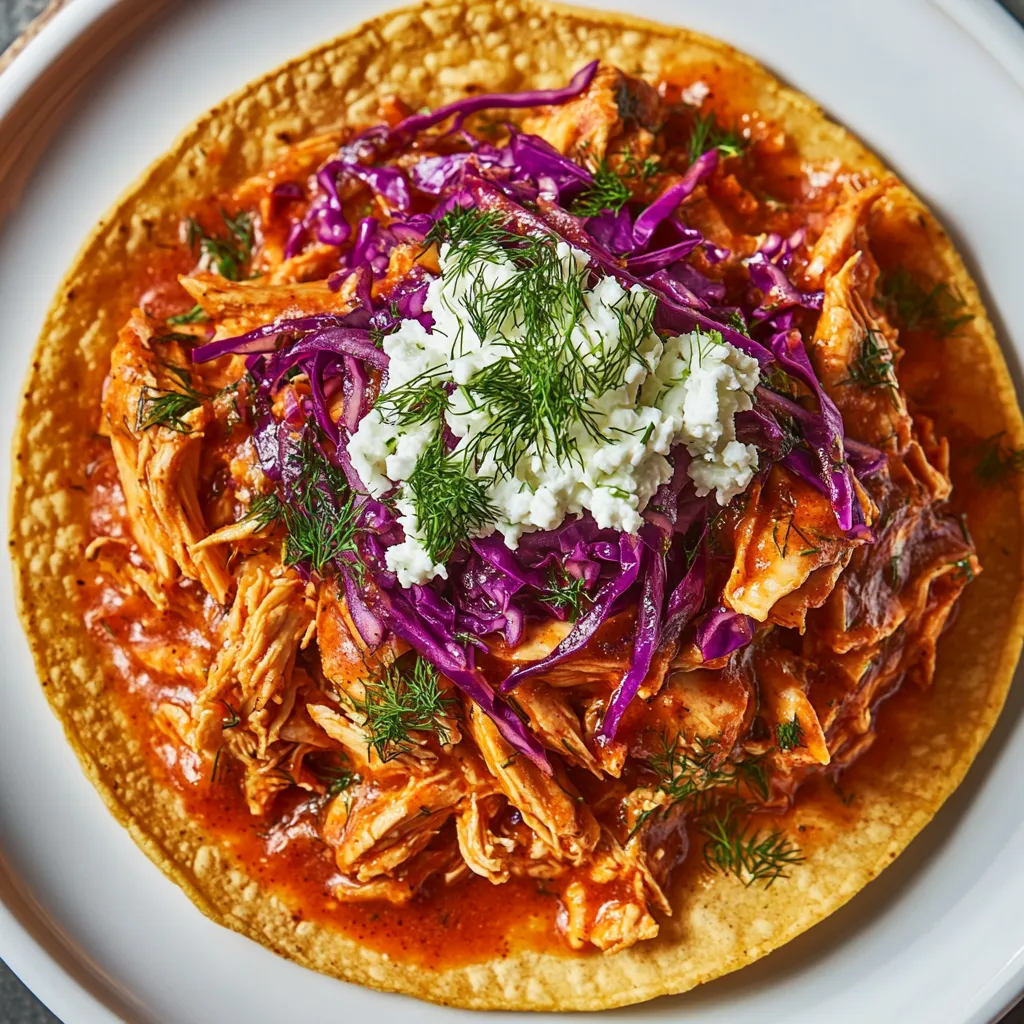 Golden, crunchy tostadas serve as the base on a white, round plate. The vibrant, shredded chicken in a rich, crimson sauce is heaped generously atop the tostadas, with flecks of green from chopped dill popping against the warm tones. Purple cabbage slaw adds a cool, crisp contrast both in color and texture. The dish is completed with a scattering of creamy, crumbled queso fresco and a sprig of dill as garnish.