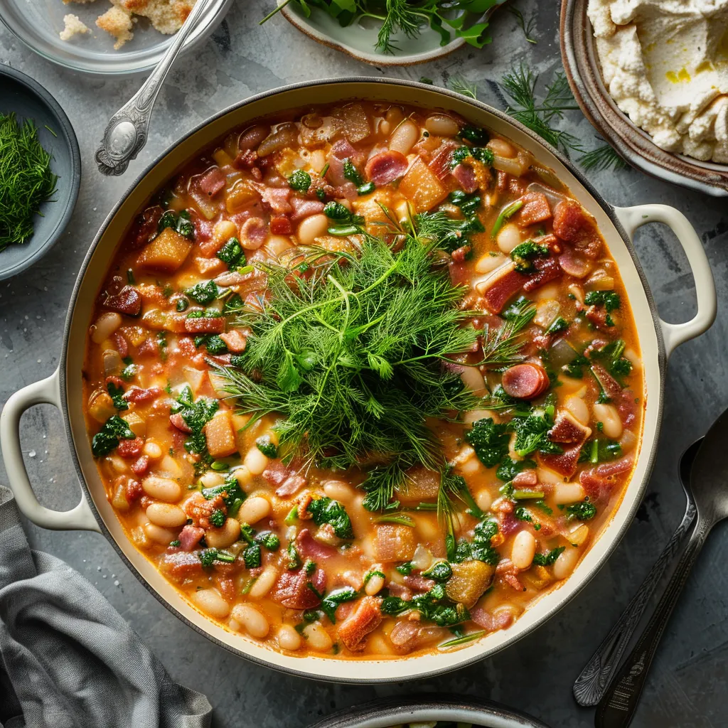 A ruddy, vibrant pottage generously studded with succulent pancetta and lush cannellini beans. The crowning glory is a flurry of fresh green dill, and ripples of indulgent ricotta that seamlessly weave into the top layer.