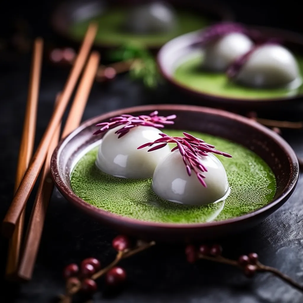 These tender, glossy Tang Yuan sitting in a shallow pool of fragrant syrup, garnish with a sprinkle of fresh dill. The creamy, deep-purple red bean paste peeking through the translucent rice ball exterior. Beautifully balancing the rustic and the complex, the dish is both visually stunning and palate-engaging.