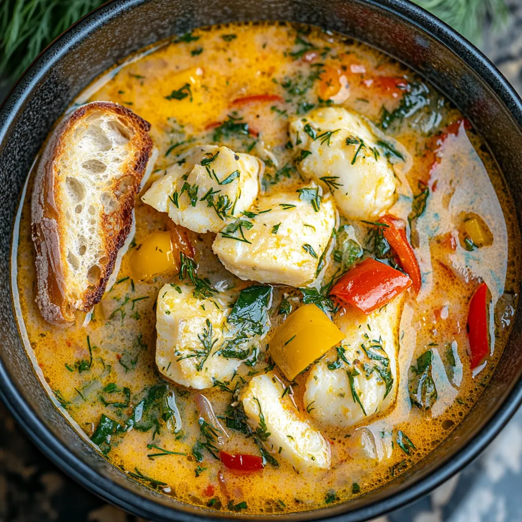 A deep and vibrant bowl filled with a creamy, golden broth, brimming with chunks of white fish, bright red, yellow, and green peppers, speckled with dark green streaks of dill. The dish is served with a side of toasted garlic bread, adding a touch of golden brown crispness to the palette.