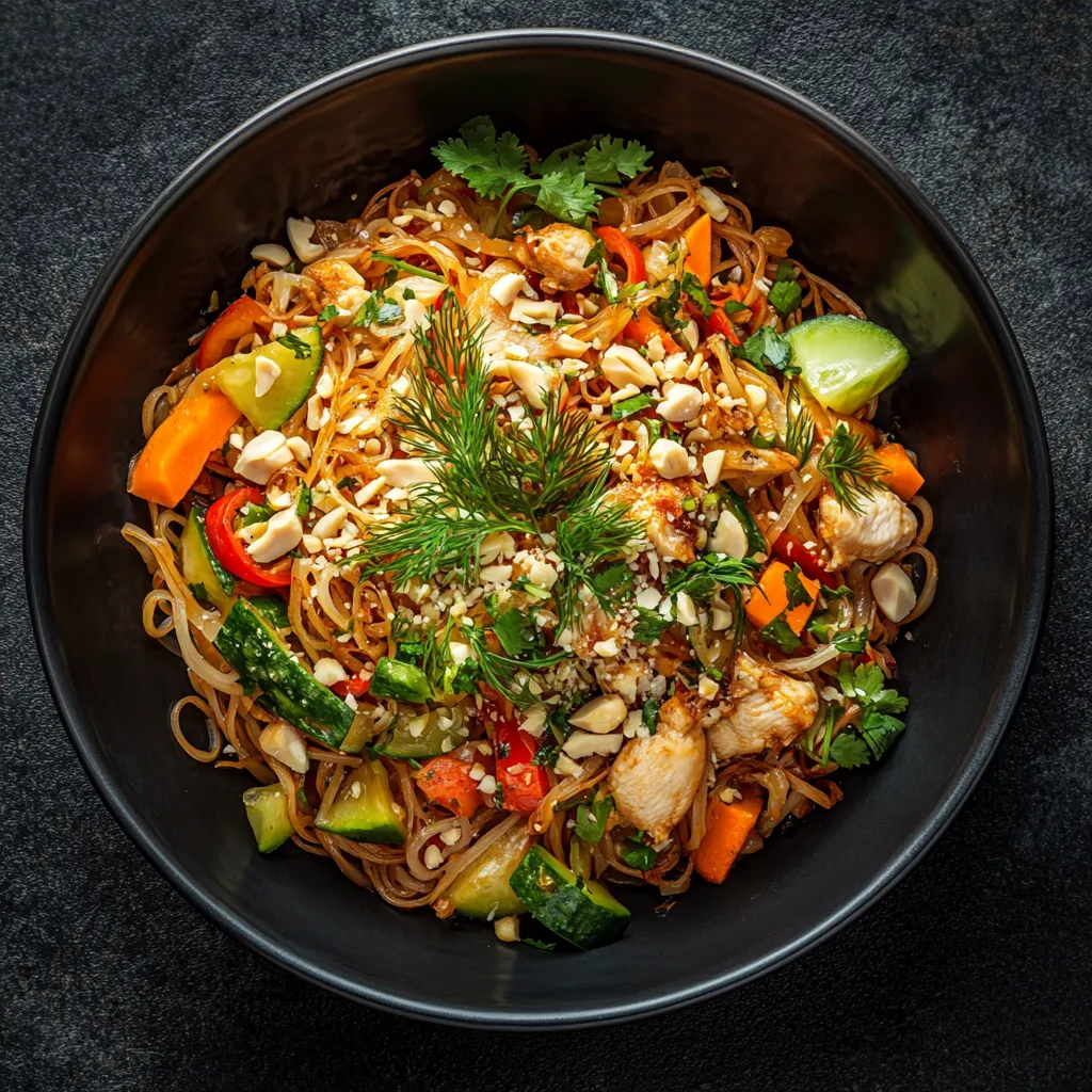 A colorful medley of seasonal vegetables casually scattered across a bed of glistening rice noodles. The toppings of fresh dill and crushed peanuts add a textural pop, while slivers of juicy chicken peek enticingly from beneath the garden-like facade. The sizzling sauce coating the noodles shimmers in various hues reflecting the blend of spices.