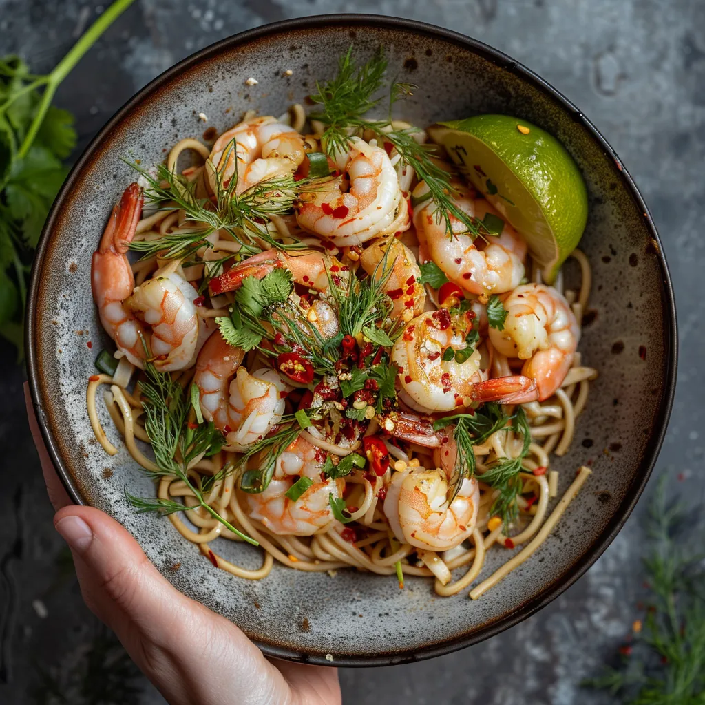 A deep bowl showcasing thin, shiny noodles generously tossed with delicate pink shrimp, bedecked with vivid green dill fronds. Tinges of fiery red chili flake spots add dimension, while a wedge of lime rests on the edge - a bright pop of color against the sumptuous canvas.
