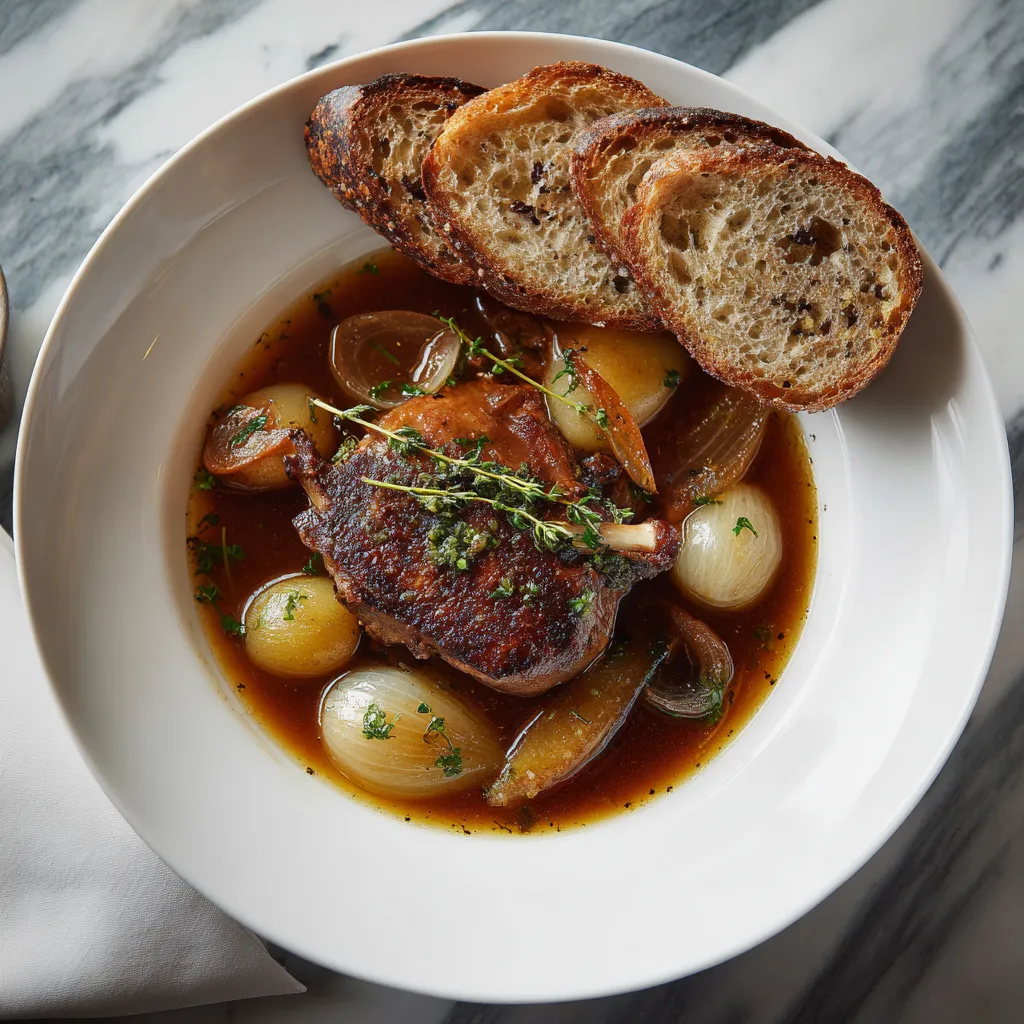 Plated beautifully in a deep white soup bowl. The braised duck leg takes centerstage, adorned by slices of honey-browned pears, flecks of thyme, and lustrous pearl onions, peeking amidst the luscious, deep-amber broth. Served with a side of rustic artisanal bread.
