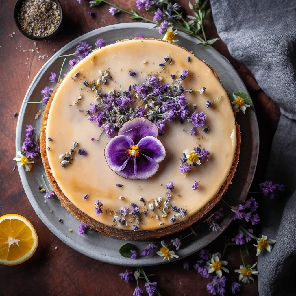 A round cheesecake with a graham cracker crust, smooth and creamy cheesecake filling, topped with a layer of glaze made with Earl Grey tea, and decorated with edible flowers and lemon zest.