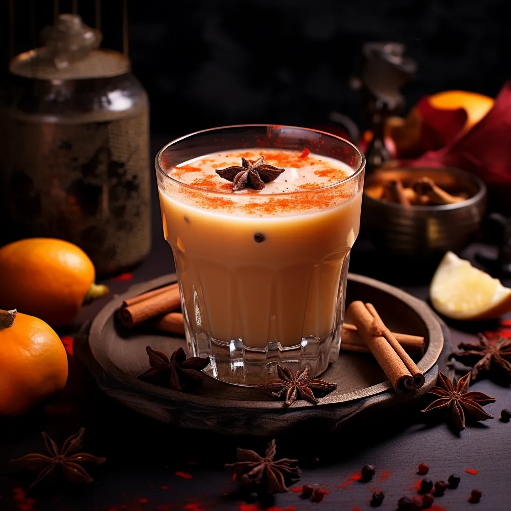 A smooth sunset orange drink topped with white, frothy cream and a sprinkle of cinnamon. The serving glass is garnished with a thin slice of bright red apple delicately pierced by a star anise. In contrast, a few sticks of caramelized shallots are scattered whimsically next to the glass, making the whole appearance irresistible.