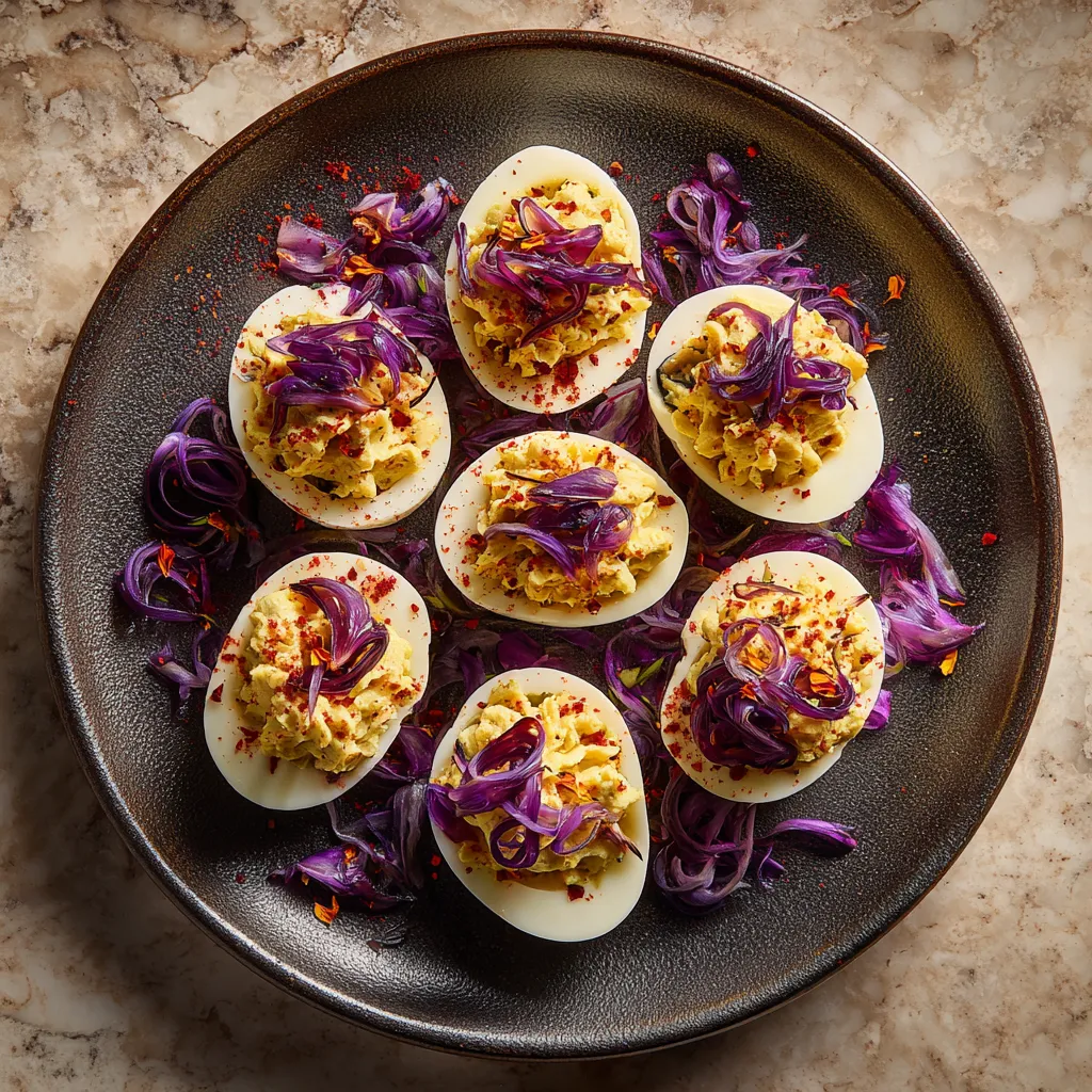 A beautiful plate showcasing half eggshells filled with creamy, golden mixture, sprinkled with caramelized leeks and edible sunset-red marigold petals scattered around. Purple eggplant skins, curled into delicate spirals, sit elegantly atop each deviled egg, creating an eye-catching contrast.
