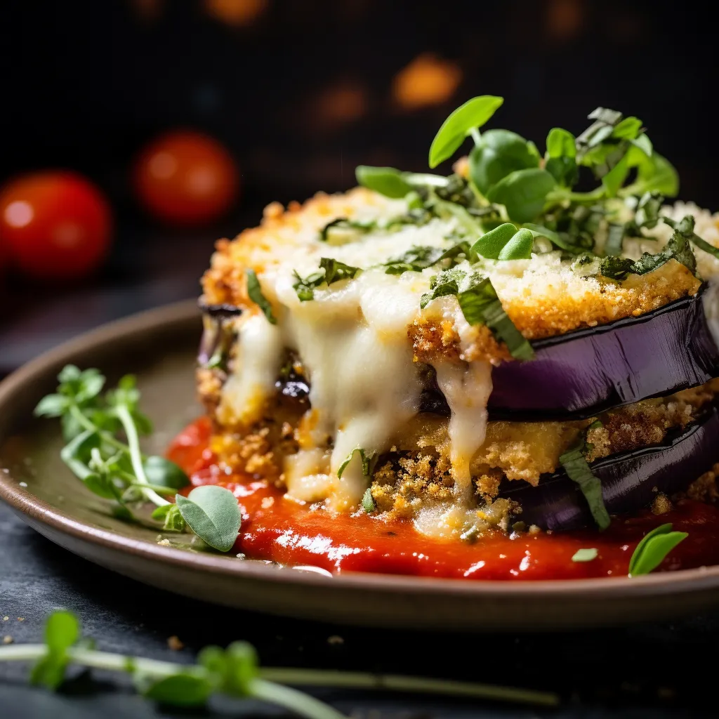 A gorgeous casserole style dish of deep purple and golden brown chunks, swirled with strings of melted cheese and speckled with bright green herbs, all crowned with a crispy, golden Panko breadcrumb crust glare invitingly beneath the flash of your camera light.