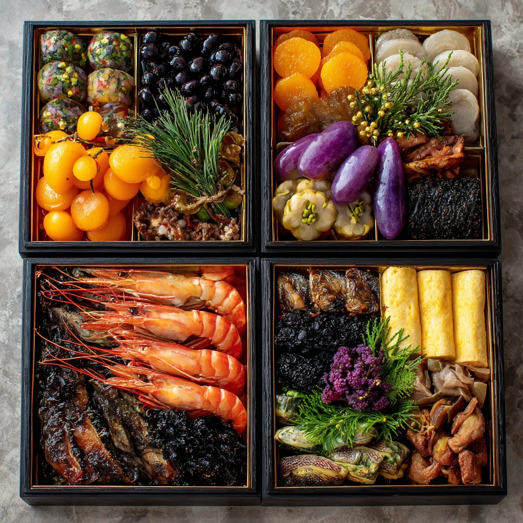 A three-tiered lacquer box filled with an array of vibrant, well-arranged dishes. Top layer reveals glossy black soybeans, bright oranges of the shrimp, and the subtle glimmer of golden sweet rolled omelettes. The middle box unveils delicious simmered vegetables, highlighting deep purples, earthy greens, and heartwarming broths. The bottom compartment indulges with grilled fish and seaweed rolls, juxtaposing shades of ocean blues and fresh greens.