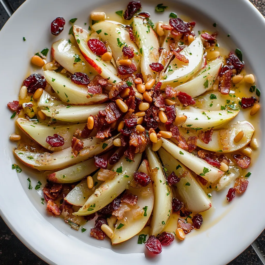 At the centre of a crisp white plate lies a mound of vibrant, slightly curled endive leaves. They are generously sprinkled with tantalizing crispy bacon bits, jewel-like dried cranberries, pearls of creamy goat cheese and thinly sliced pear, with a sprinkle of toasted pine nuts gleaming on top. The plate is adorned with a drizzle of mustard vinaigrette, forming a tempting, edible piece of art.