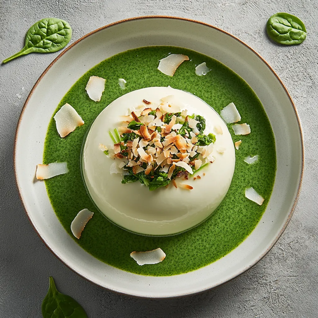 From above, the dish is a vibrant contrast of emerald green and stark white. The panna cotta takes center stage as if it were a white island amidst a green sea. Flecks of spinach and toasted coconut garnish adds subtle depth to the overall presentation.