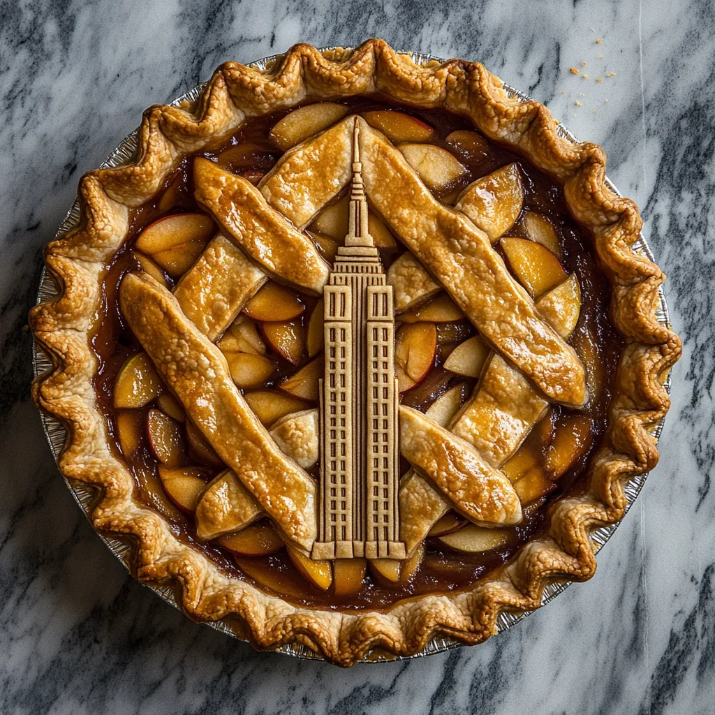 The pie wears a golden, flaky crust, decorated with crust cut-outs shaped like the Empire State Building. The filling peeks between the cut-outs, revealing juicy spiced apples in a glossy caramel-like sauce.