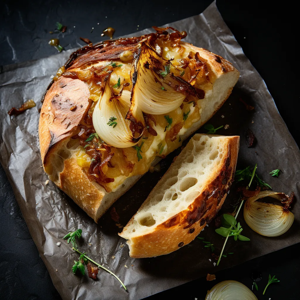 A round, crusty golden-brown bread loaf with an appealing crackled surface that splits to reveal tempting caramelized onions and melting mozzarella. Bits of golden-brown endives peeking through make for a wonderful visual surprise.