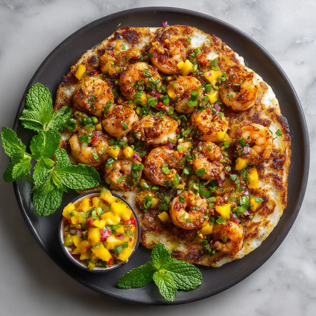 The Uttapam appears like a generously topped pancake, scattered with golden-brown shrimps and flecks of green chilies, making the entire ensemble a feast for the eyes. The mango salsa in a small bowl on the side adds a pop of yellow-orange brilliance. Fresh mint leaves give the platter a vibrant freshness.