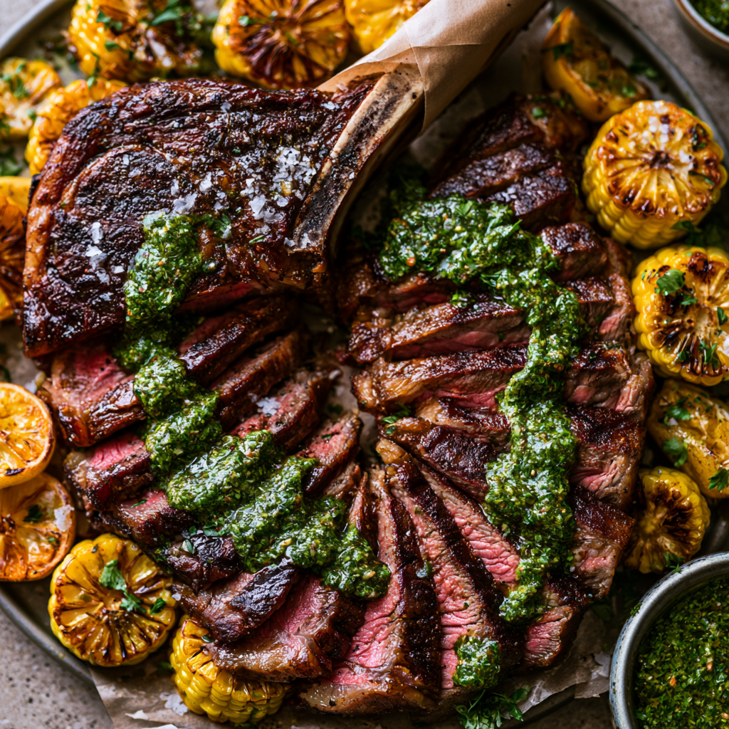 Father’s Day Tomahawk Steak with Bourbon-Maple Glaze, Charred Corn & Chimichurri