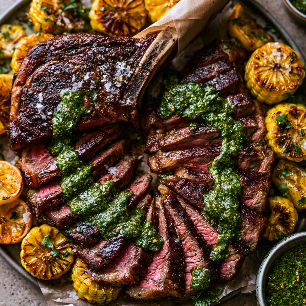 From above, a deeply seared sliced tomahawk steak fans across a large platter, its long bone wrapped in parchment for drama. Emerald chimichurri is spooned in glossy streaks over rosy meat, with golden charred corn rounds and blistered lemon halves tucked around the edges. Flaky salt sparkles on top, scattered herbs add freshness, and a small bowl of extra sauce completes the striking steakhouse-style presentation.
